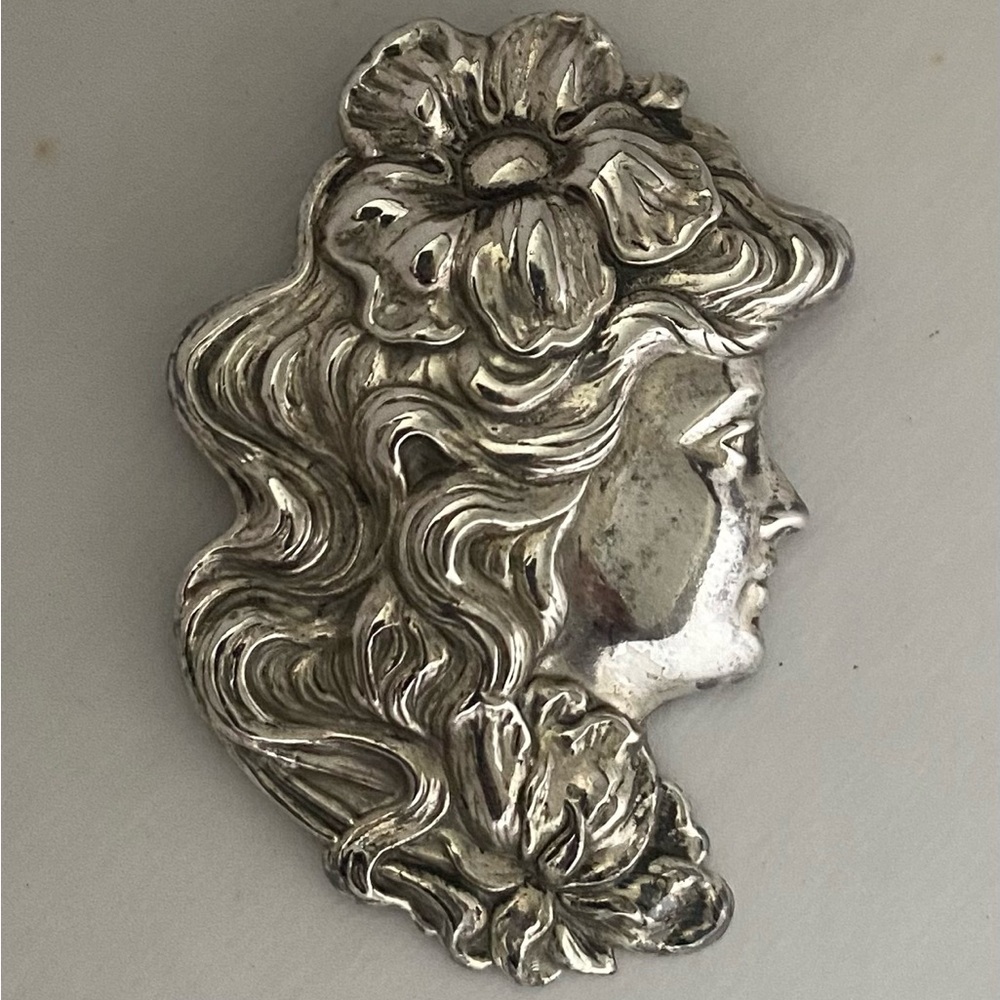 Vintage Silver Tone Art Nouveau Style Woman Head Profile Brooch